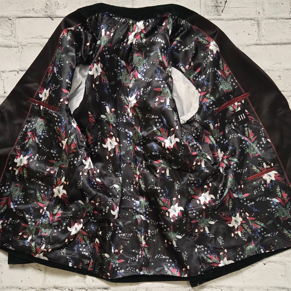JH Design Green Velvet Tuxedo Blazer Floral Satin Lining 44R Mens - Picture 8 of 12